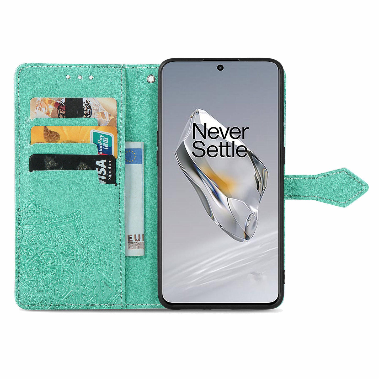 For OnePlus 12 5G Anti-scratch Phone Cover Emboss Mandala Flower Leather Wallet Case - Mint Green