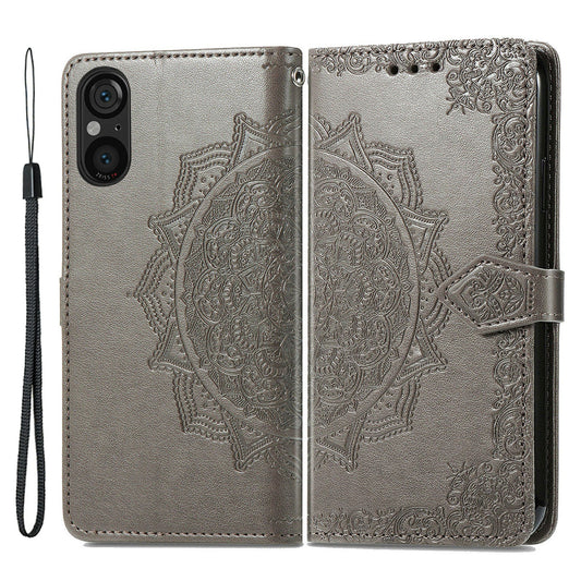 For Sony Xperia 5 V Case Card Slots Wallet PU Leather Embossed Phone Cover - Grey