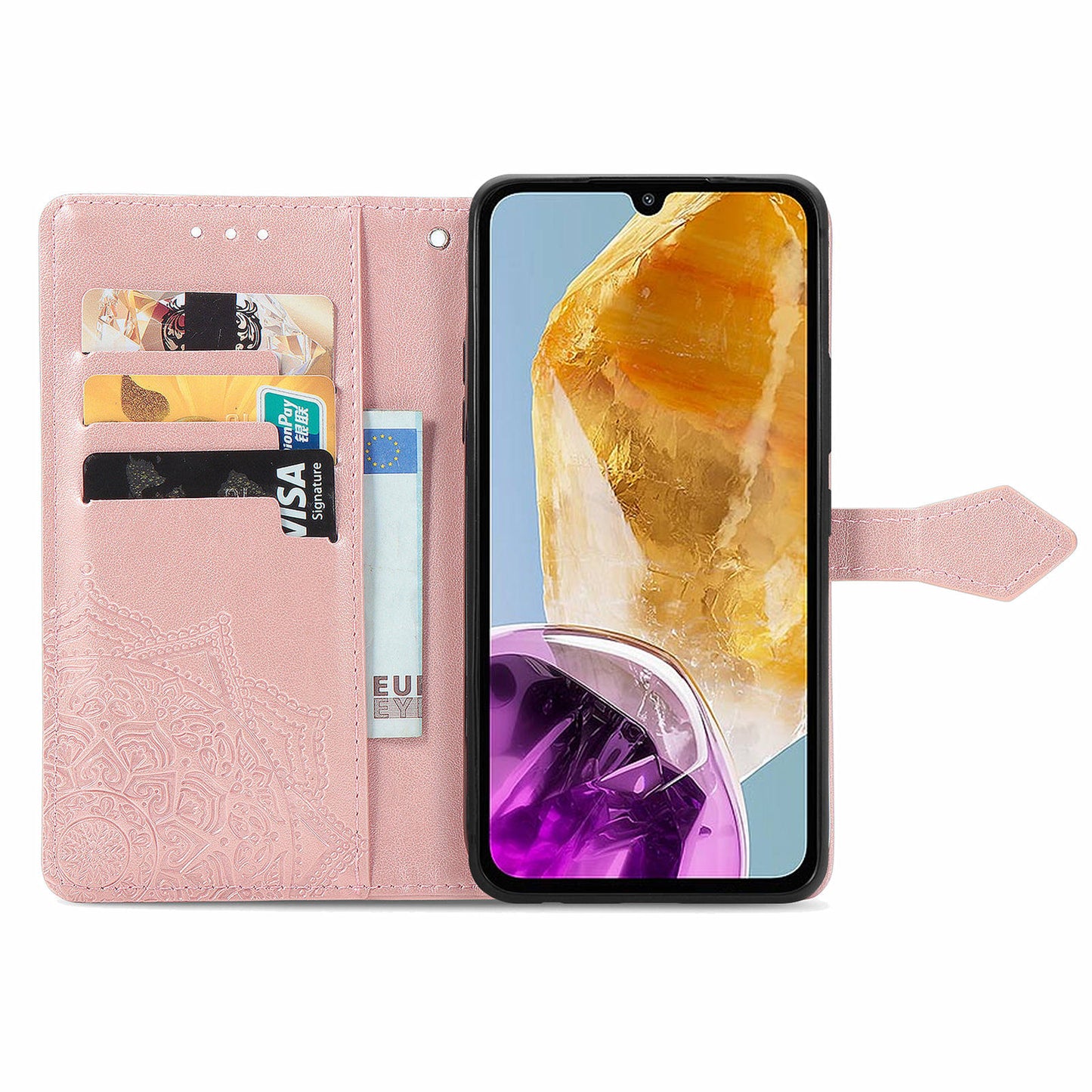 For Samsung Galaxy M15 5G PU Leather Case Shockproof Cell Phone Cover Emboss Mandala Flower Wallet - Rose Gold
