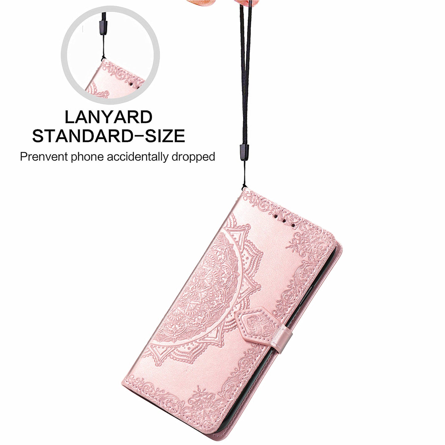 For Samsung Galaxy M15 5G PU Leather Case Shockproof Cell Phone Cover Emboss Mandala Flower Wallet - Rose Gold