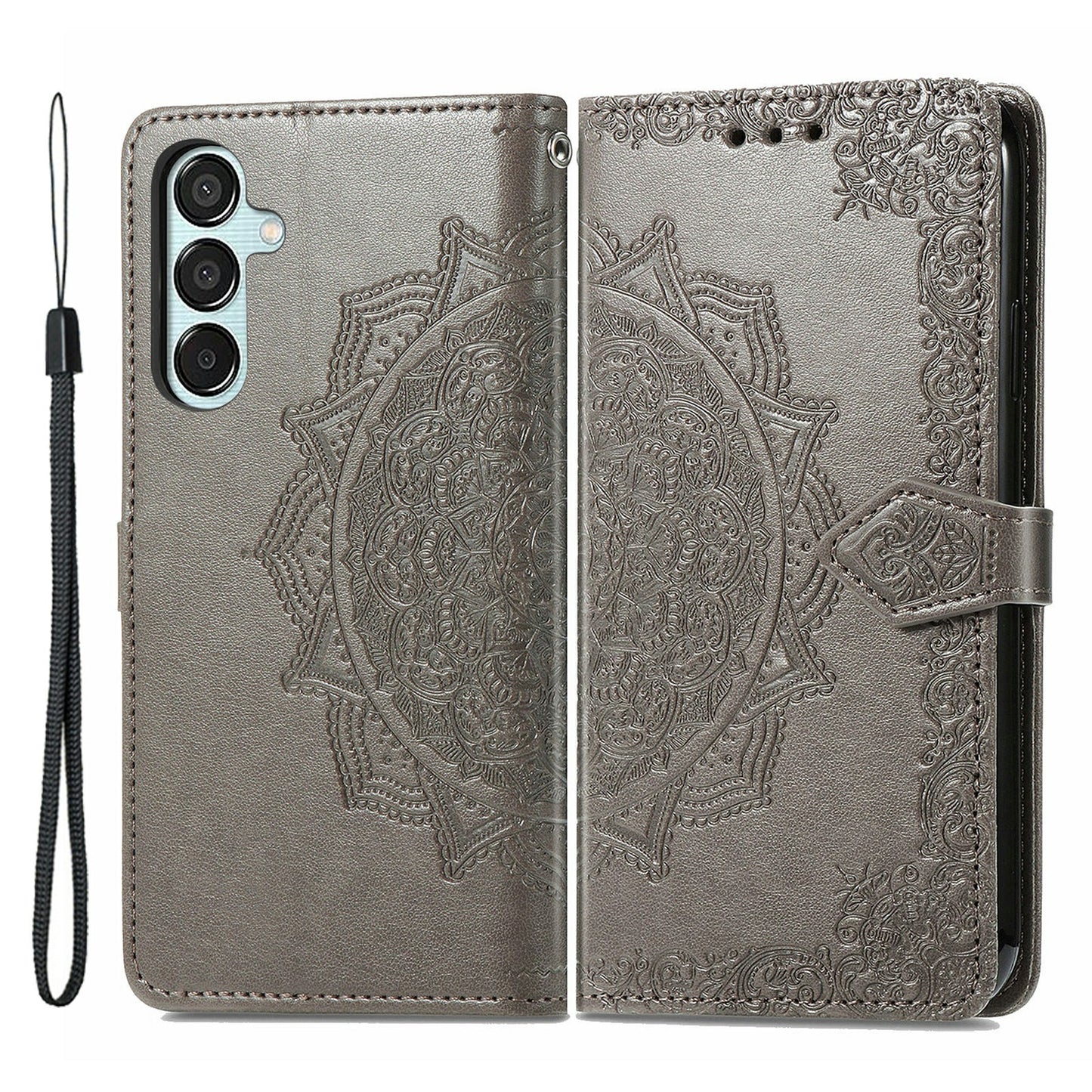 For Samsung Galaxy M15 5G PU Leather Case Shockproof Cell Phone Cover Emboss Mandala Flower Wallet - Grey