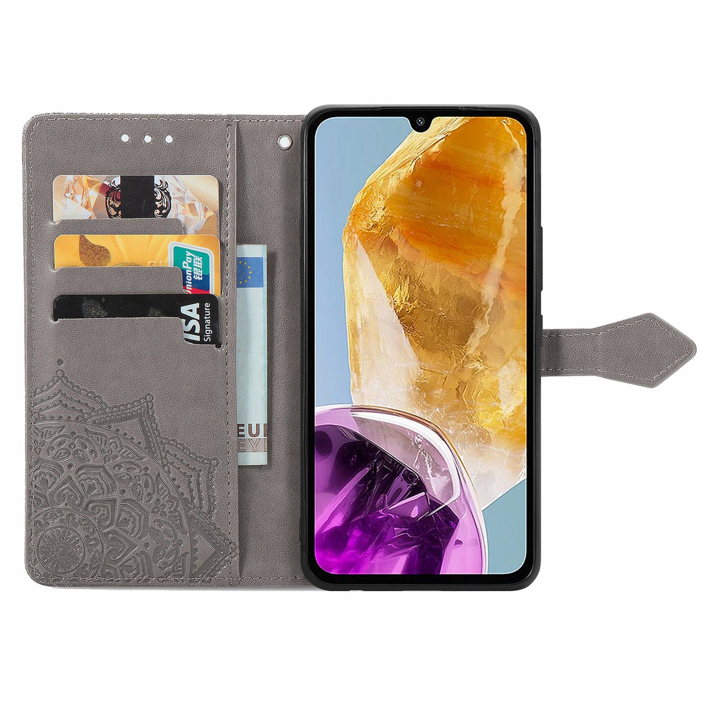 For Samsung Galaxy M15 5G PU Leather Case Shockproof Cell Phone Cover Emboss Mandala Flower Wallet - Grey