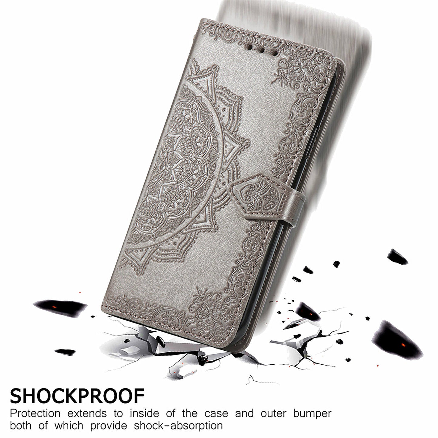 For Samsung Galaxy M15 5G PU Leather Case Shockproof Cell Phone Cover Emboss Mandala Flower Wallet - Grey
