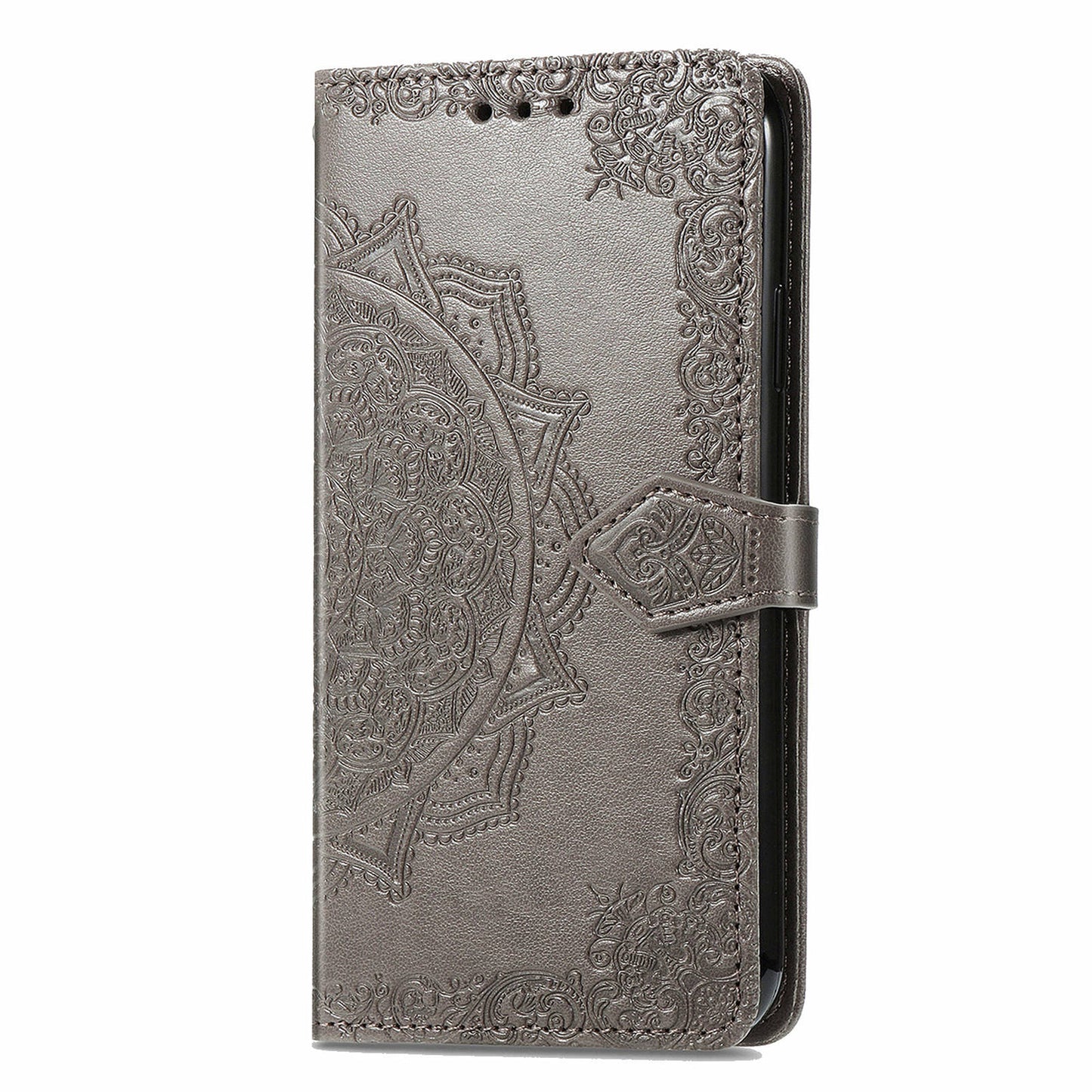 For Samsung Galaxy M15 5G PU Leather Case Shockproof Cell Phone Cover Emboss Mandala Flower Wallet - Grey
