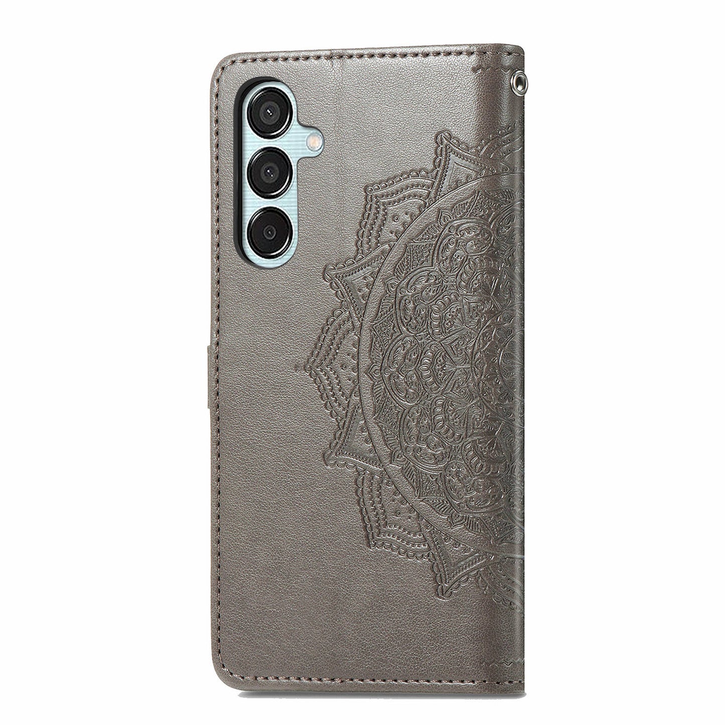 For Samsung Galaxy M15 5G PU Leather Case Shockproof Cell Phone Cover Emboss Mandala Flower Wallet - Grey