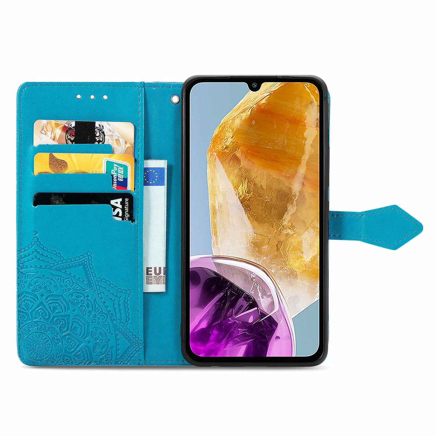 For Samsung Galaxy M15 5G PU Leather Case Shockproof Cell Phone Cover Emboss Mandala Flower Wallet - Blue