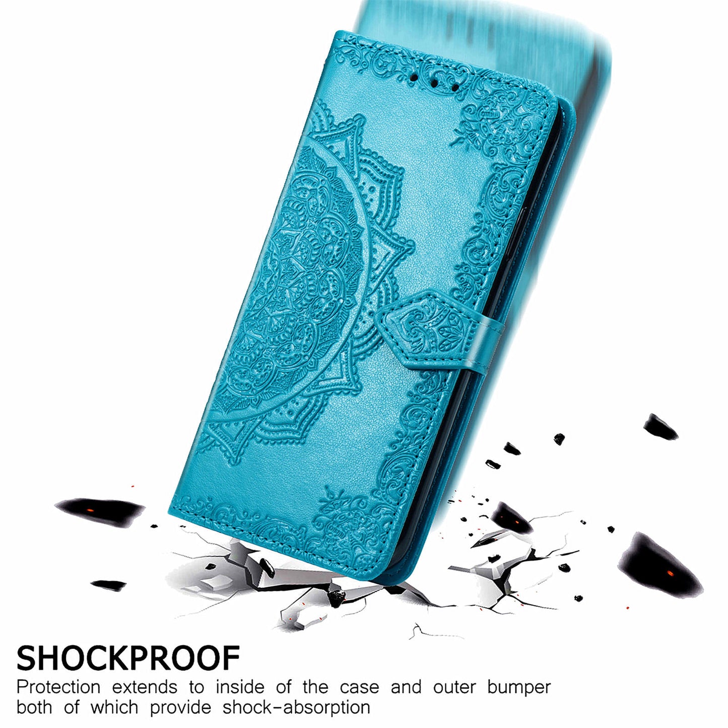 For Samsung Galaxy M15 5G PU Leather Case Shockproof Cell Phone Cover Emboss Mandala Flower Wallet - Blue