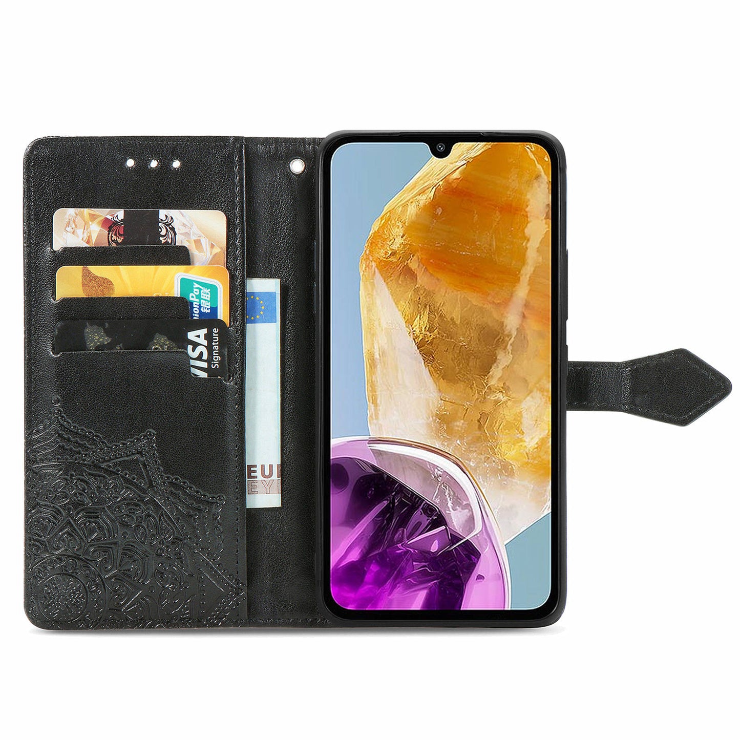 For Samsung Galaxy M15 5G PU Leather Case Shockproof Cell Phone Cover Emboss Mandala Flower Wallet - Black