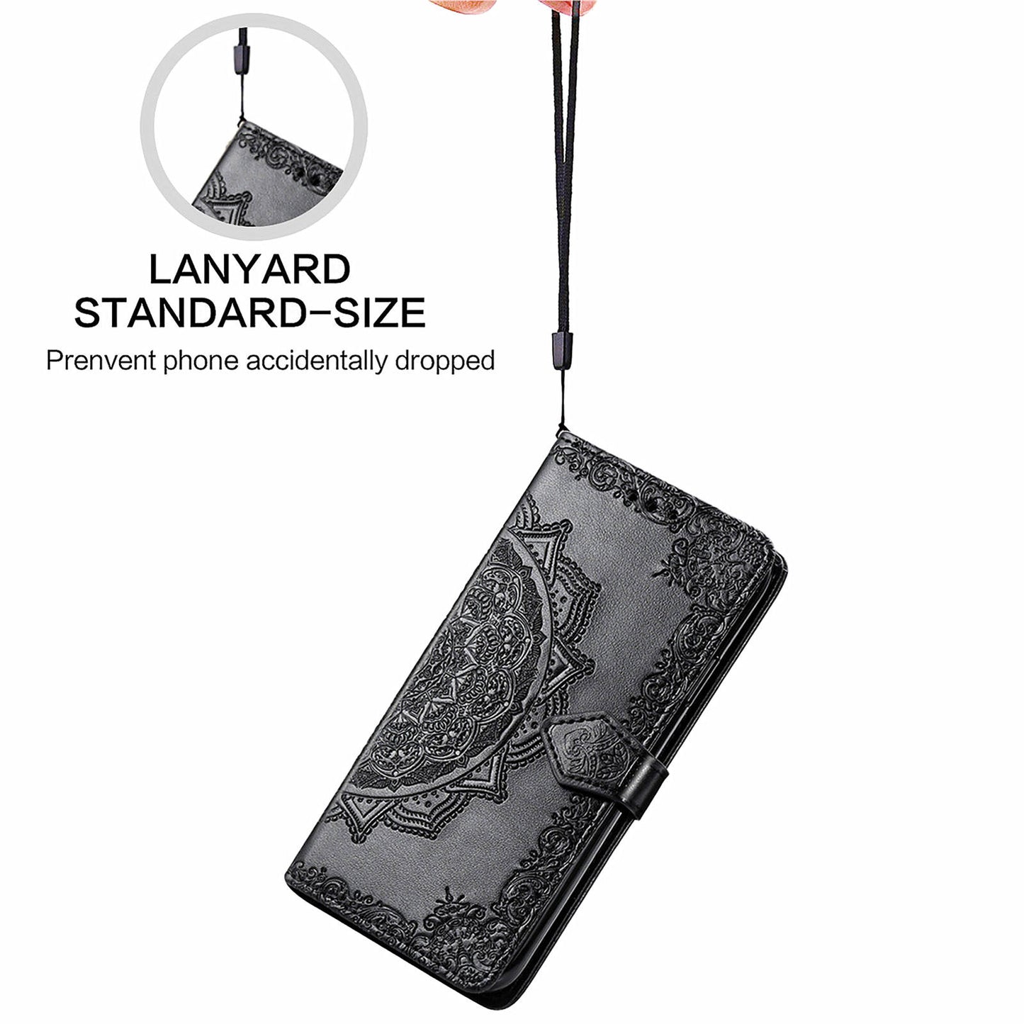 For Samsung Galaxy M15 5G PU Leather Case Shockproof Cell Phone Cover Emboss Mandala Flower Wallet - Black