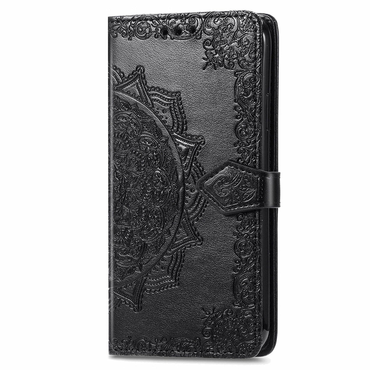 For Samsung Galaxy M15 5G PU Leather Case Shockproof Cell Phone Cover Emboss Mandala Flower Wallet - Black