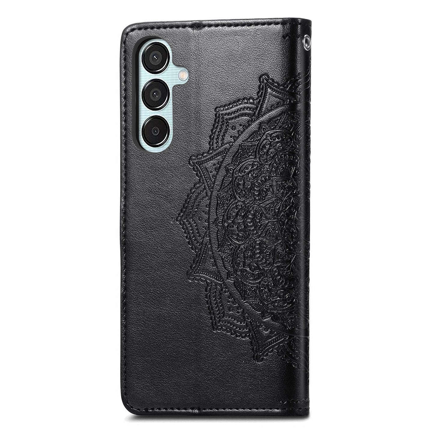 For Samsung Galaxy M15 5G PU Leather Case Shockproof Cell Phone Cover Emboss Mandala Flower Wallet - Black