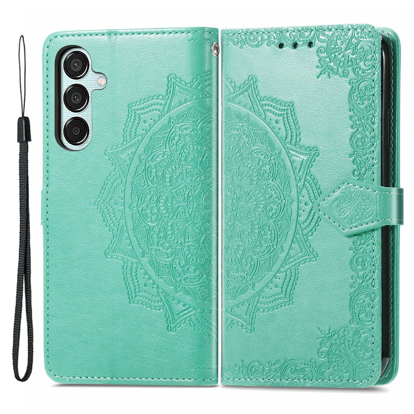 For Samsung Galaxy M15 5G PU Leather Case Shockproof Cell Phone Cover Emboss Mandala Flower Wallet - Mint Green