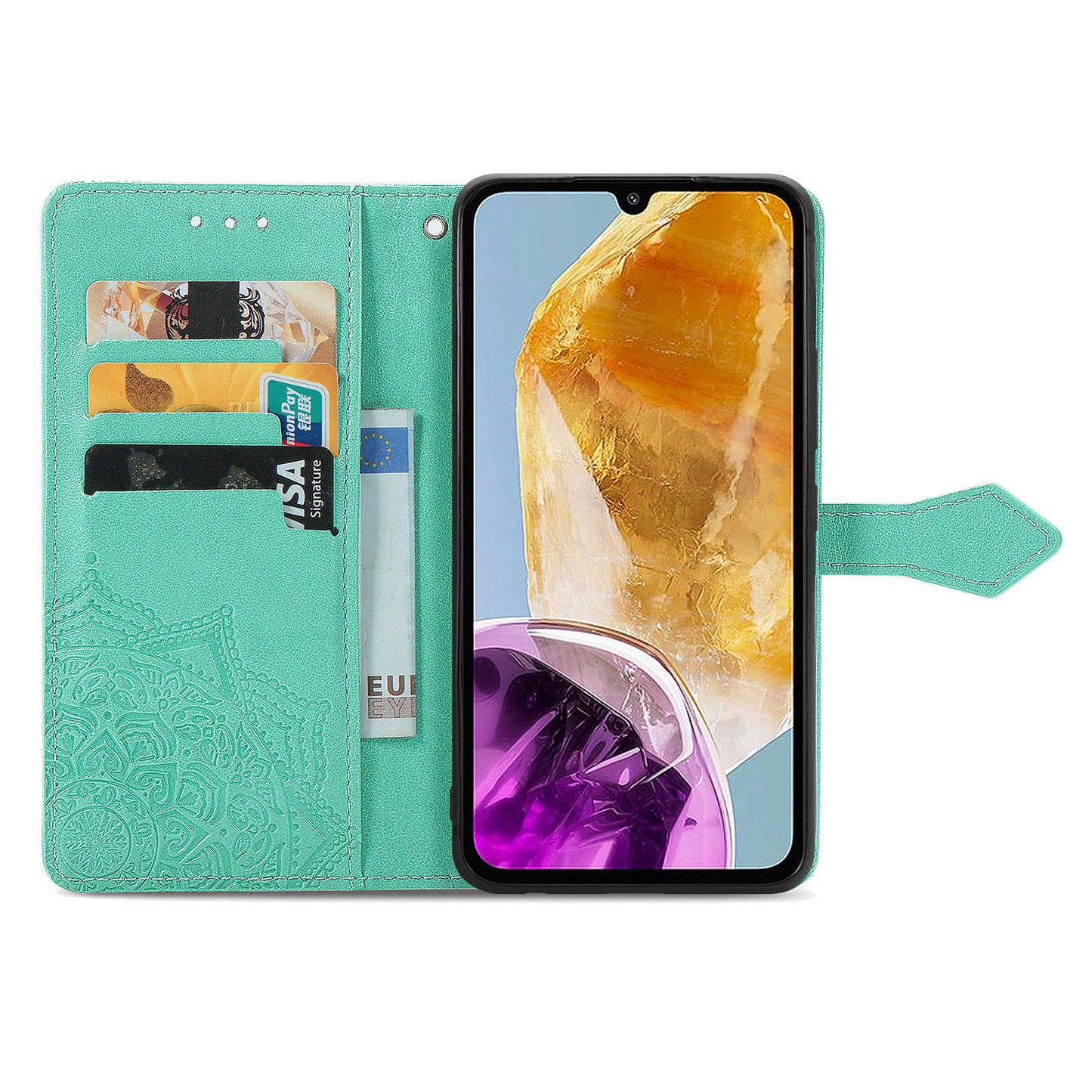For Samsung Galaxy M15 5G PU Leather Case Shockproof Cell Phone Cover Emboss Mandala Flower Wallet - Mint Green