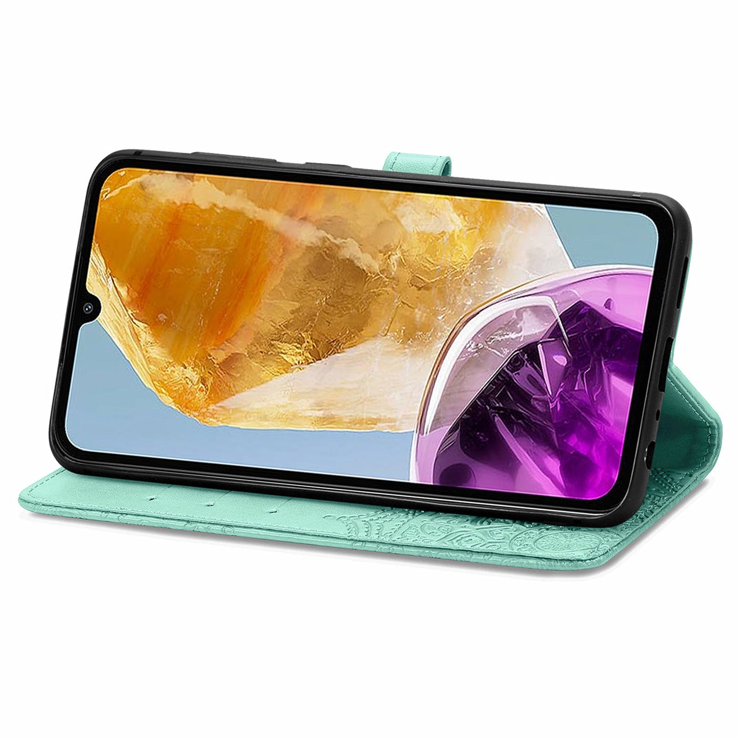 For Samsung Galaxy M15 5G PU Leather Case Shockproof Cell Phone Cover Emboss Mandala Flower Wallet - Mint Green