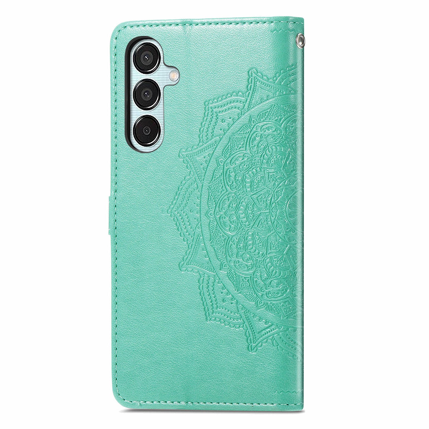 For Samsung Galaxy M15 5G PU Leather Case Shockproof Cell Phone Cover Emboss Mandala Flower Wallet - Mint Green