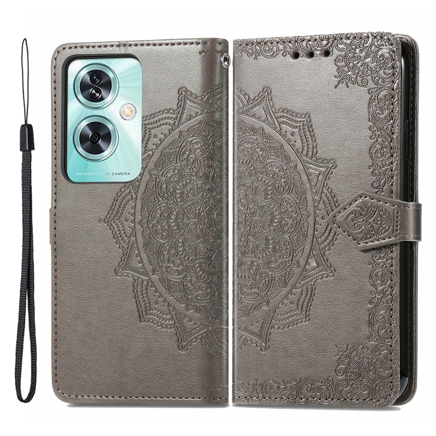 Phone Cover for OnePlus Nord N30 SE 5G , Emboss Mandala Flower Leather Wallet Case - Grey