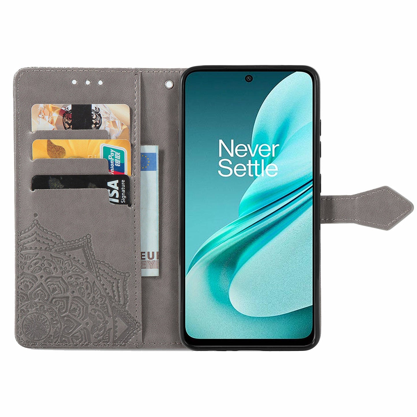 Phone Cover for OnePlus Nord N30 SE 5G , Emboss Mandala Flower Leather Wallet Case - Grey