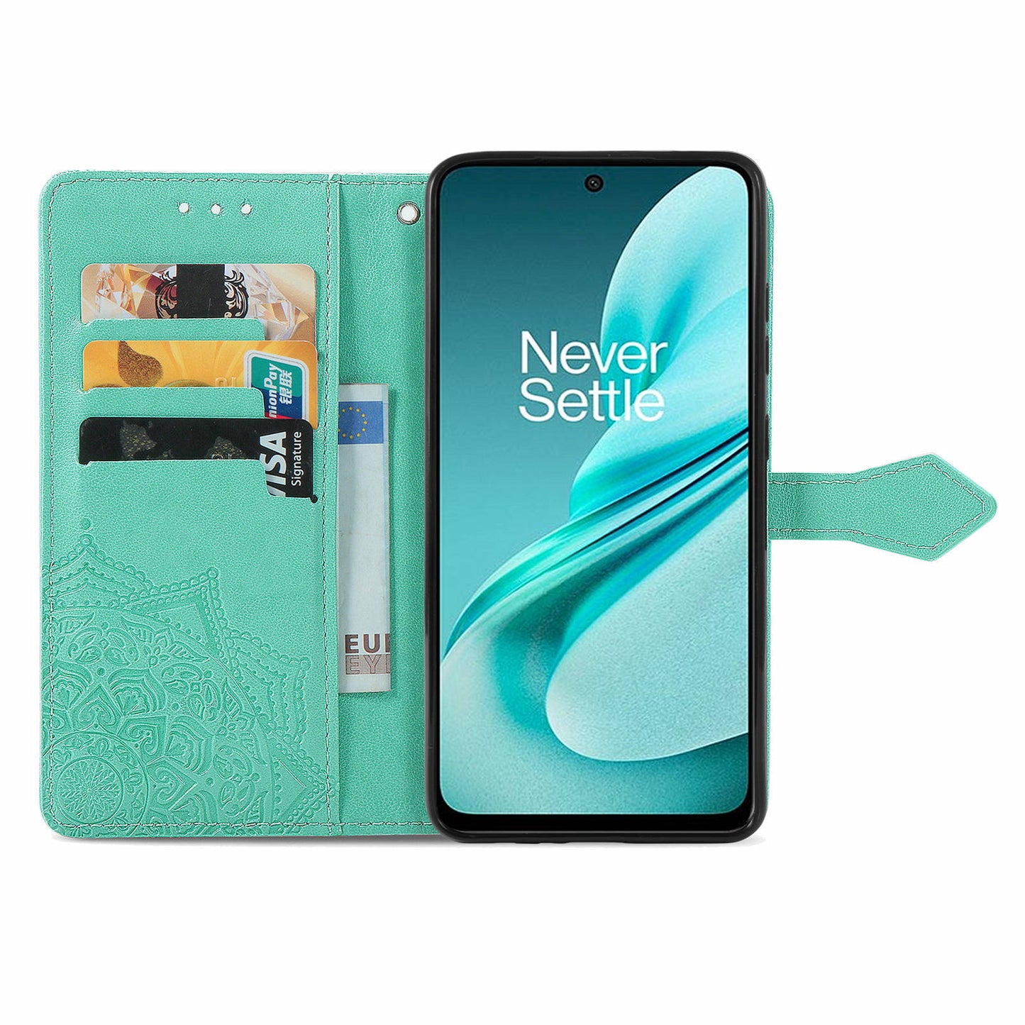 Phone Cover for OnePlus Nord N30 SE 5G , Emboss Mandala Flower Leather Wallet Case - Mint Green