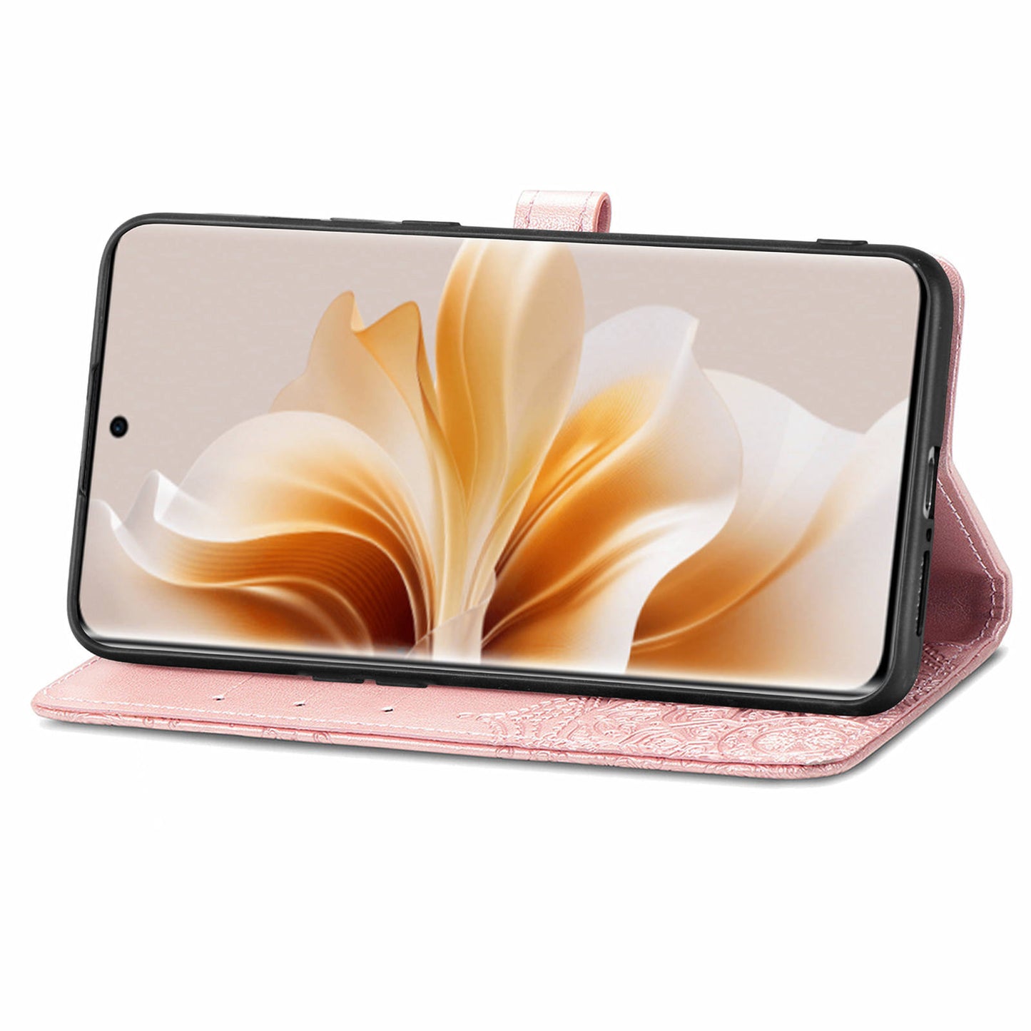 For Oppo Reno11 5G (Global) Leather Phone Case with Card Slots Wallet Emboss Mandala Flower - Rose Gold