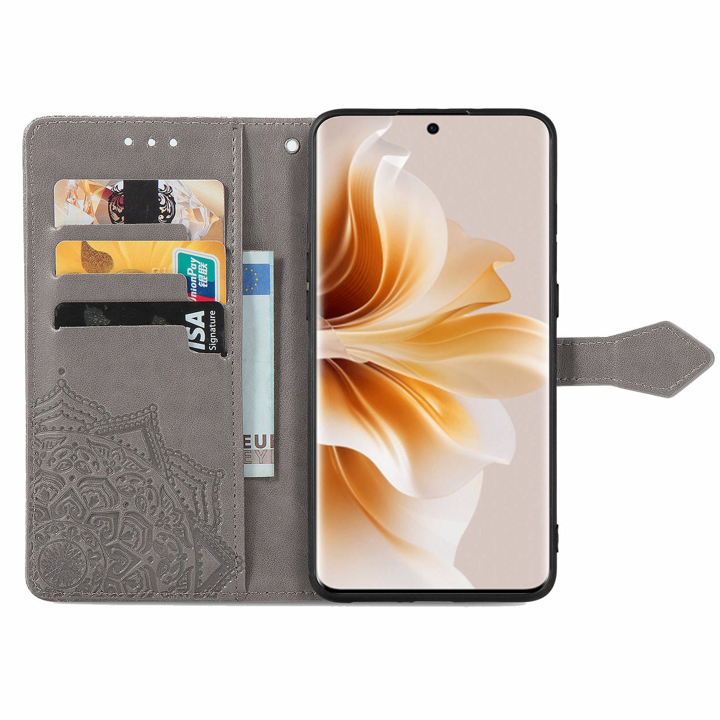 For Oppo Reno11 5G (Global) Leather Phone Case with Card Slots Wallet Emboss Mandala Flower - Grey