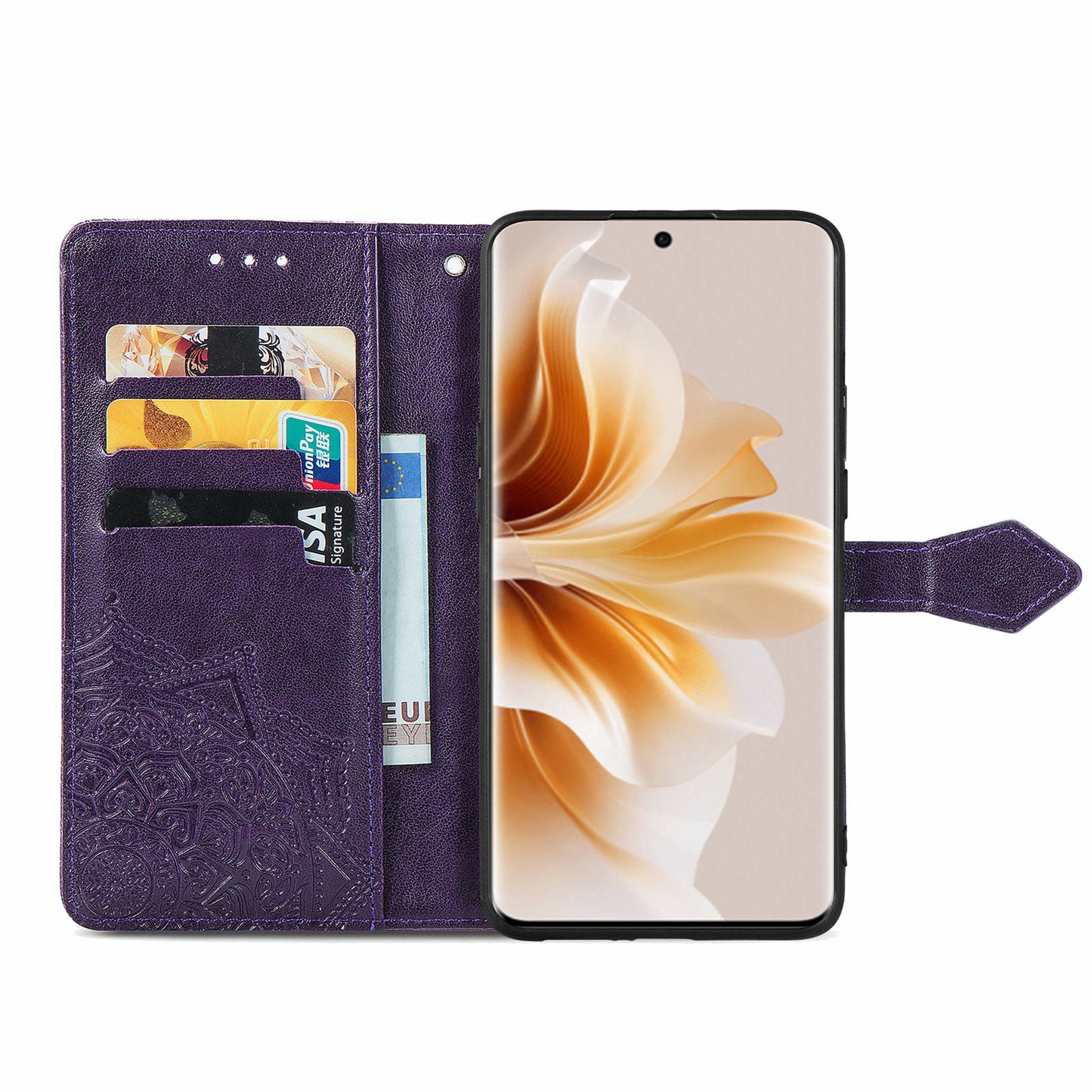 For Oppo Reno11 5G (Global) Leather Phone Case with Card Slots Wallet Emboss Mandala Flower - Purple
