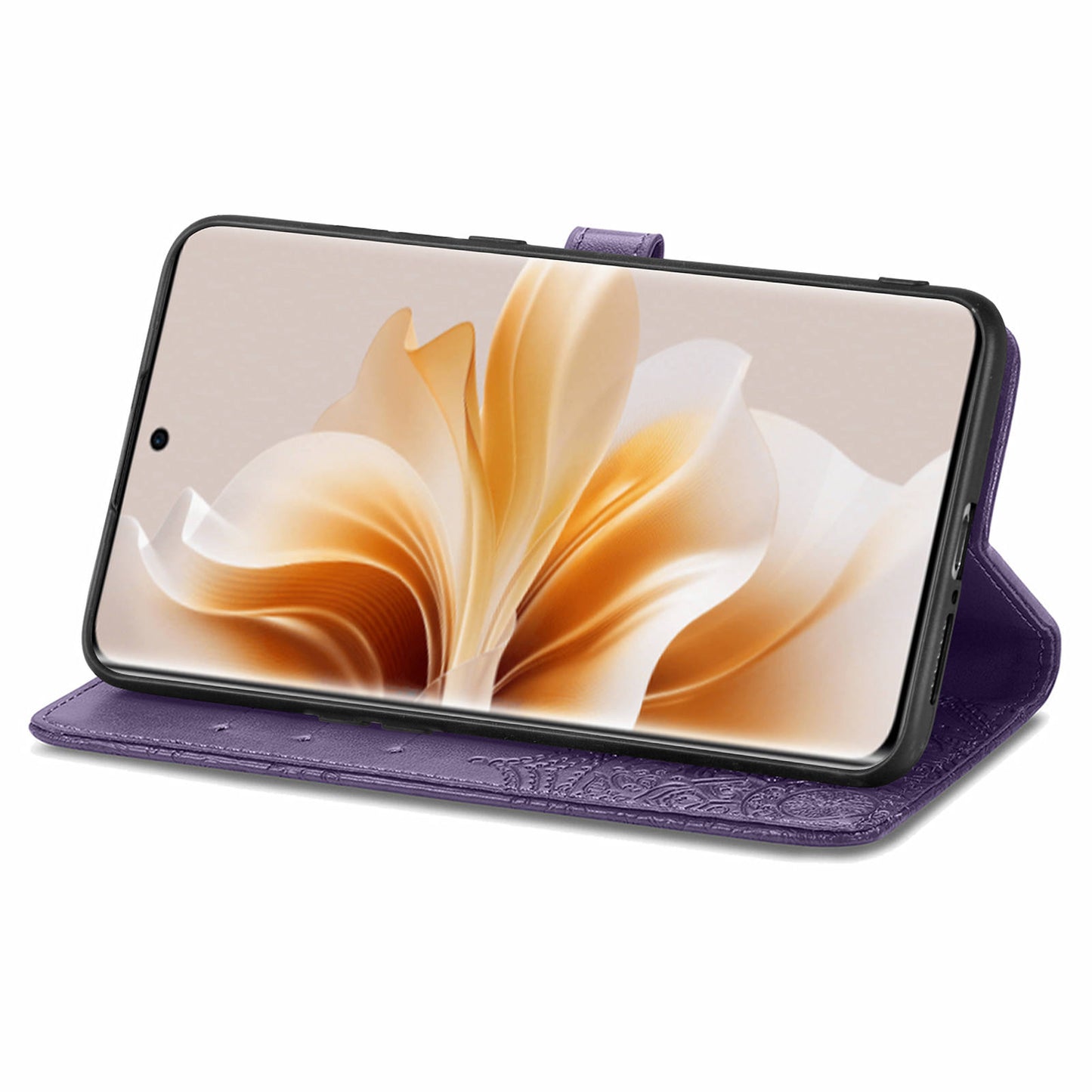 For Oppo Reno11 5G (Global) Leather Phone Case with Card Slots Wallet Emboss Mandala Flower - Purple