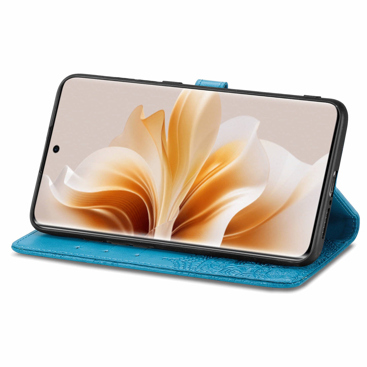 For Oppo Reno11 5G (Global) Leather Phone Case with Card Slots Wallet Emboss Mandala Flower - Blue
