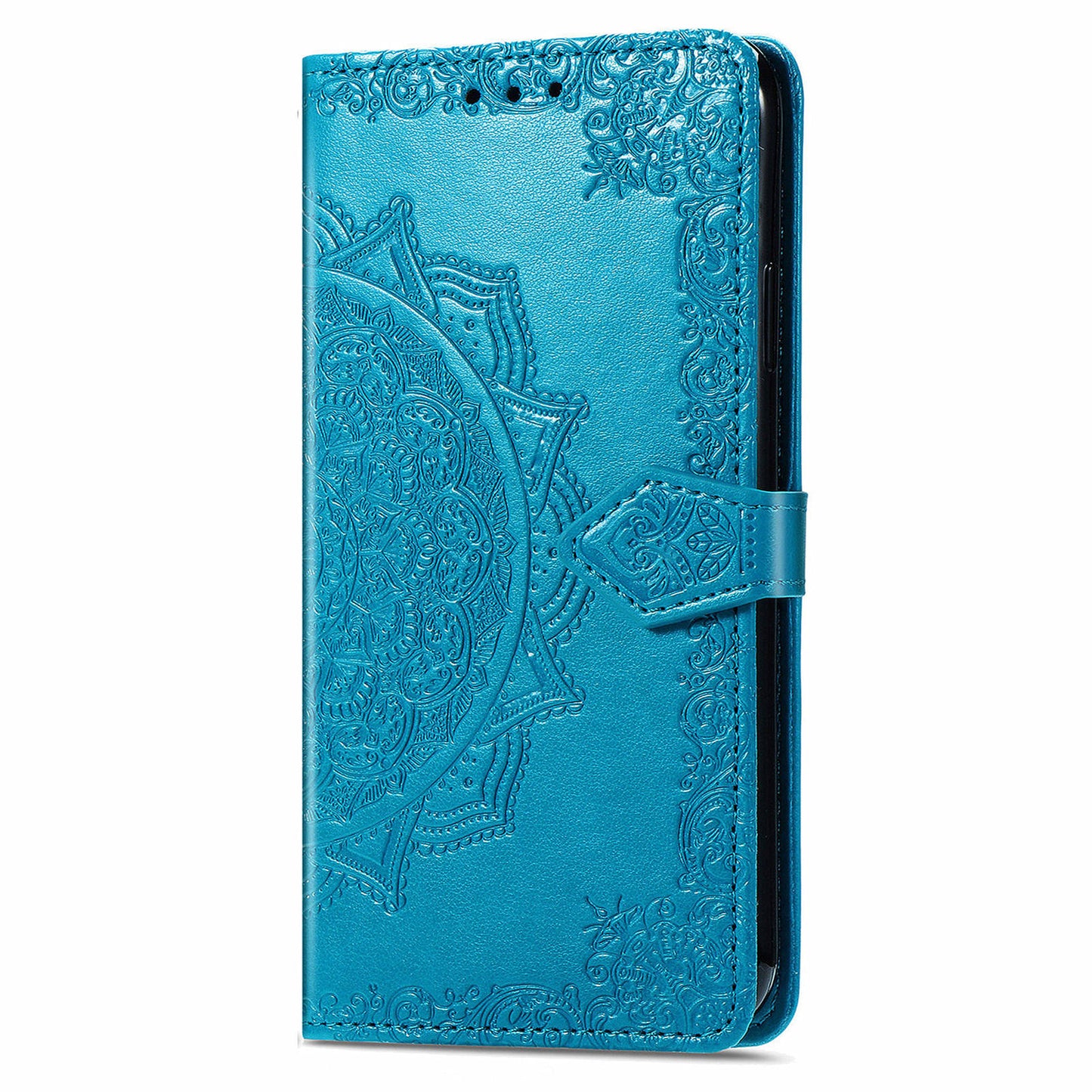 For Oppo Reno11 5G (Global) Leather Phone Case with Card Slots Wallet Emboss Mandala Flower - Blue