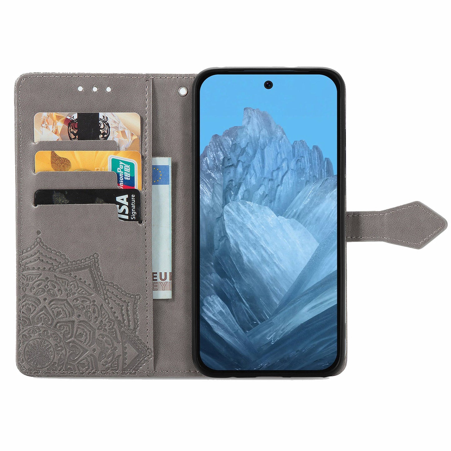 For Google Pixel 9 Phone Cover Emboss Mandala Flower Wallet Case with Magnetic Clasp - Grey