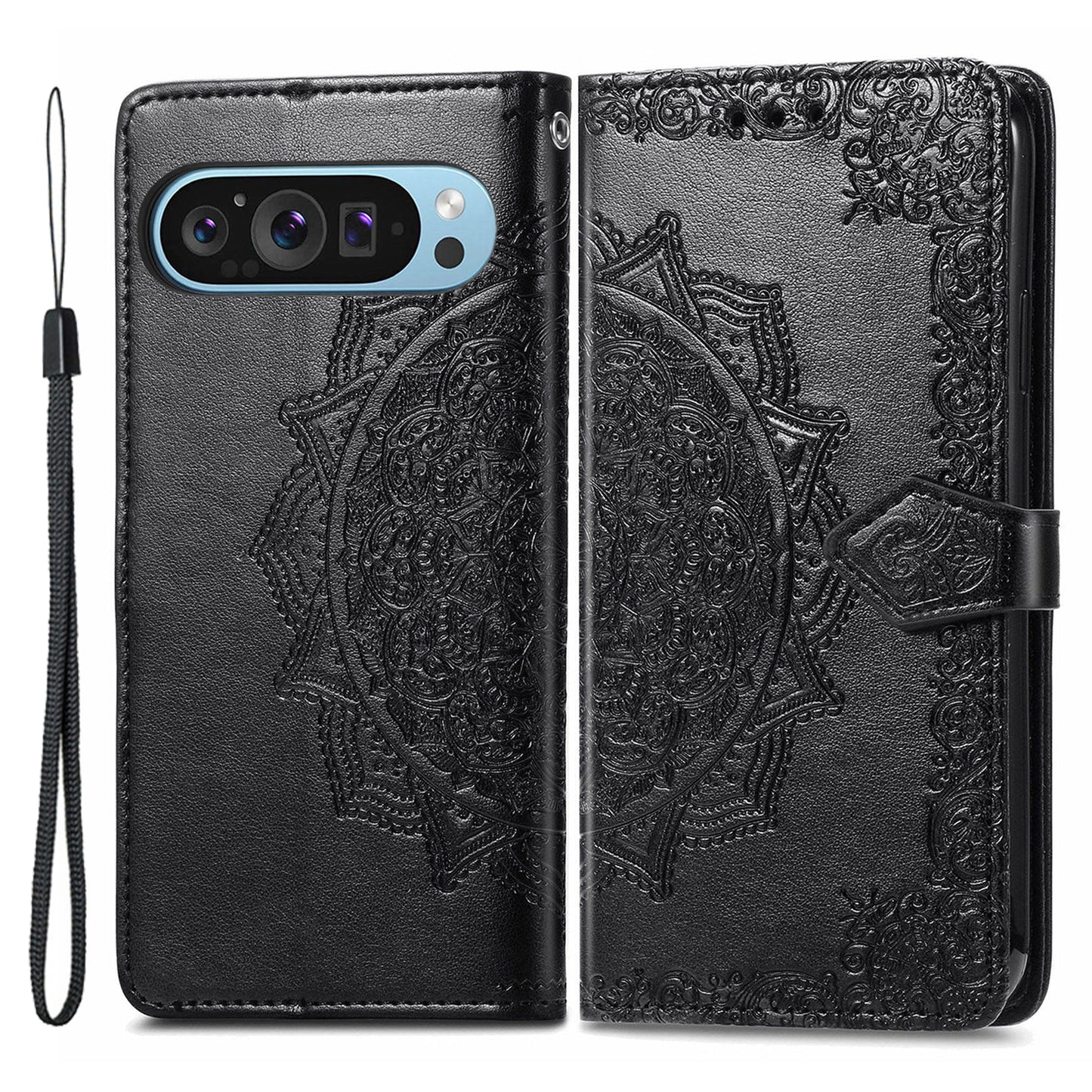 For Google Pixel 9 Phone Cover Emboss Mandala Flower Wallet Case with Magnetic Clasp - Black
