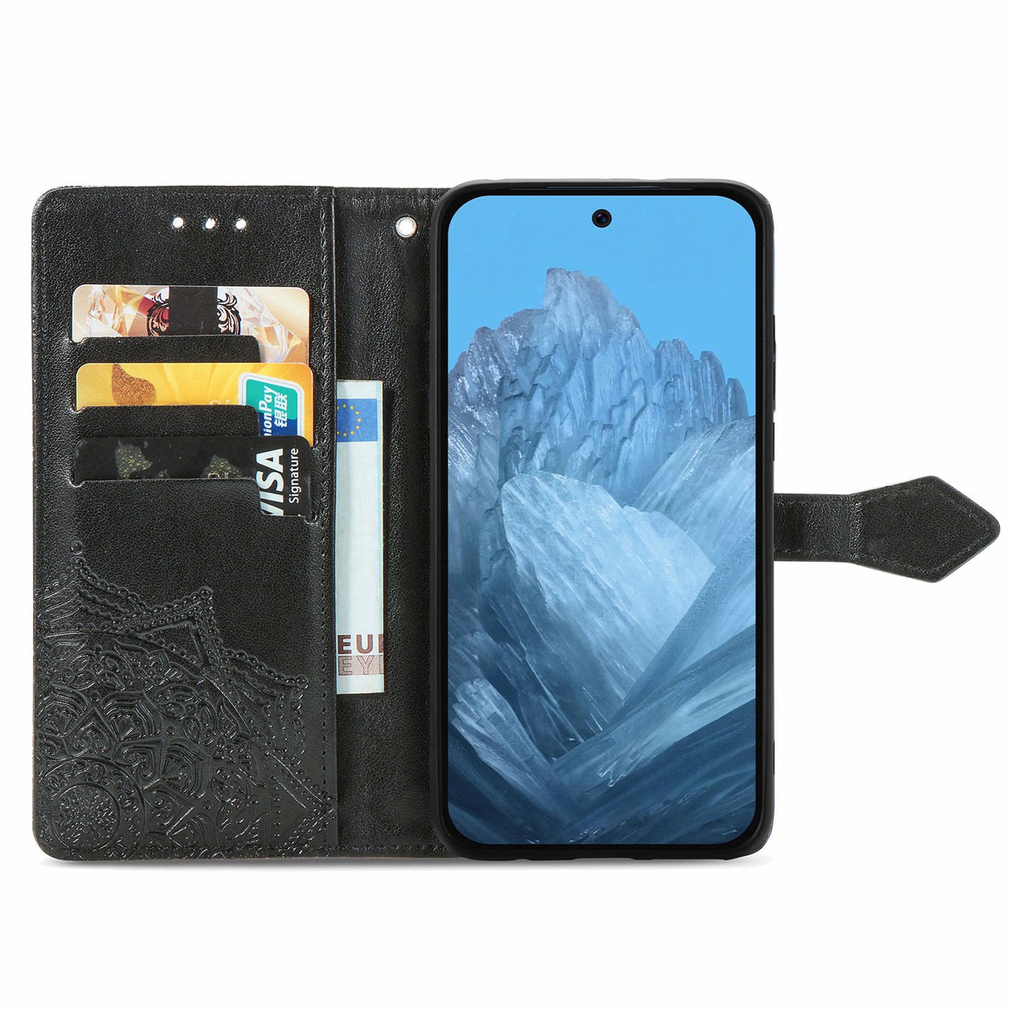 For Google Pixel 9 Phone Cover Emboss Mandala Flower Wallet Case with Magnetic Clasp - Black