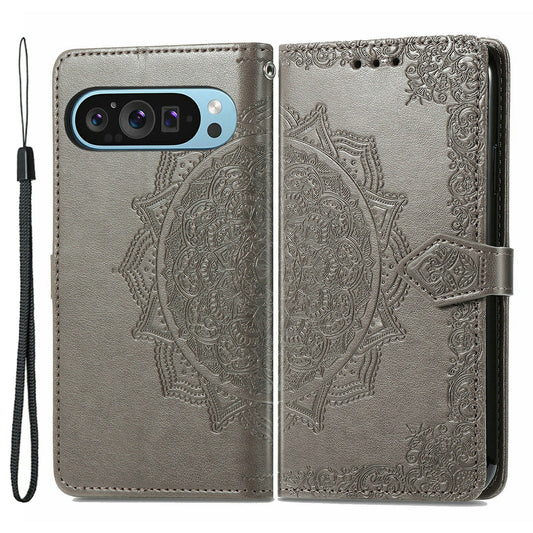 For Google Pixel 9 Pro Leather Wallet Case Stand Flip Phone Cover Emboss Mandala Flower - Grey