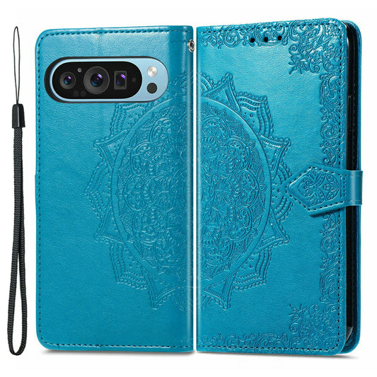 For Google Pixel 9 Pro Leather Wallet Case Stand Flip Phone Cover Emboss Mandala Flower - Blue