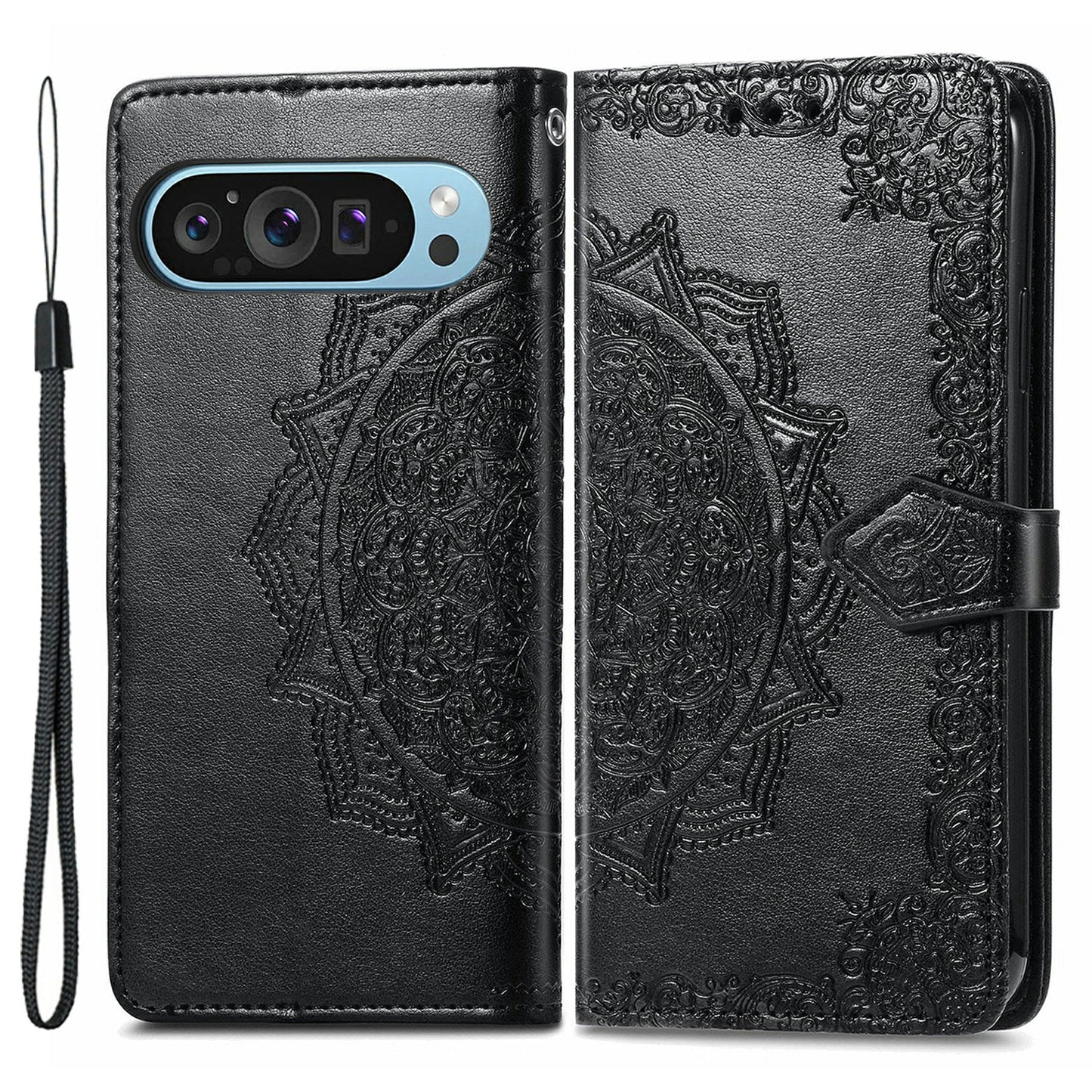 For Google Pixel 9 Pro Leather Wallet Case Stand Flip Phone Cover Emboss Mandala Flower - Black