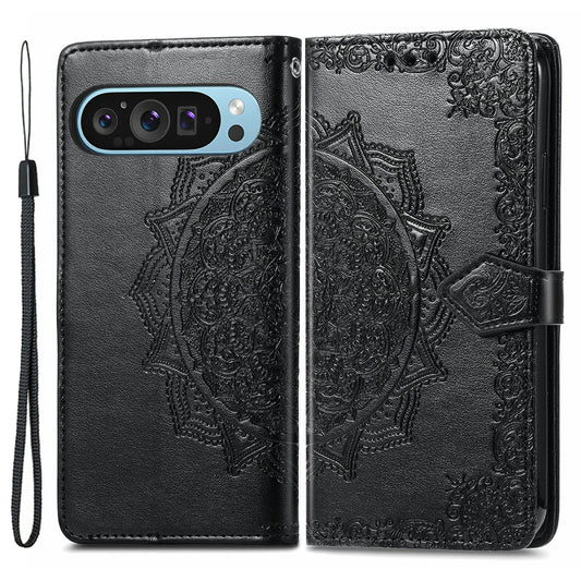For Google Pixel 9 Pro Leather Wallet Case Stand Flip Phone Cover Emboss Mandala Flower - Black