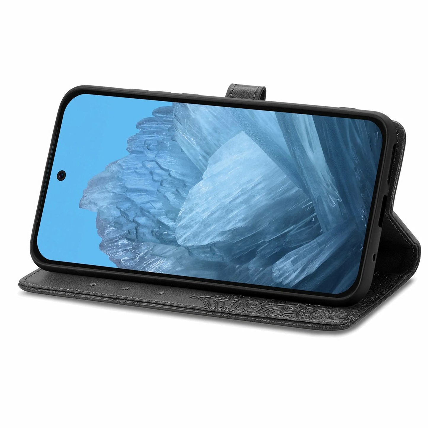 For Google Pixel 9 Pro Leather Wallet Case Stand Flip Phone Cover Emboss Mandala Flower - Black