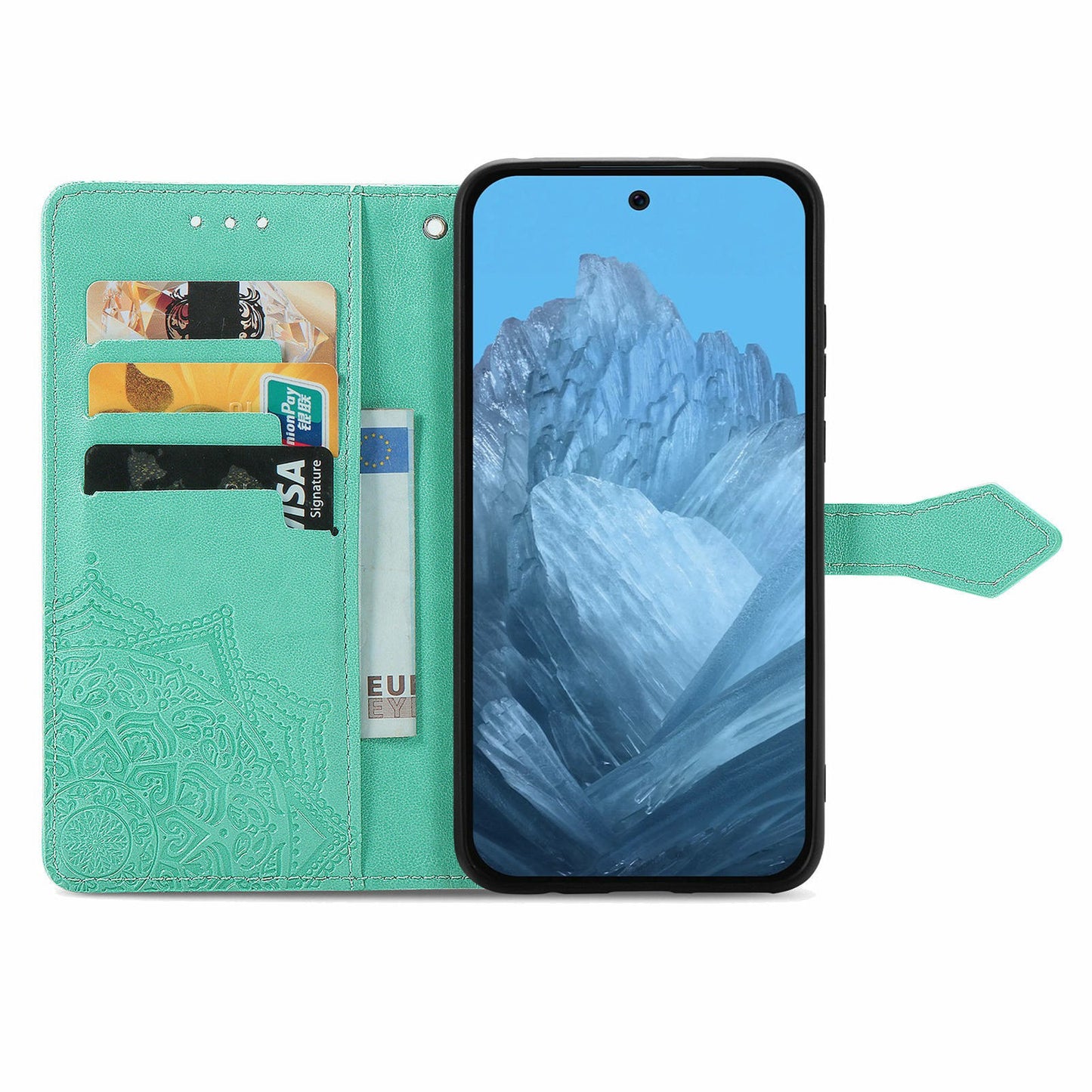 For Google Pixel 9 Pro Leather Wallet Case Stand Flip Phone Cover Emboss Mandala Flower - Green