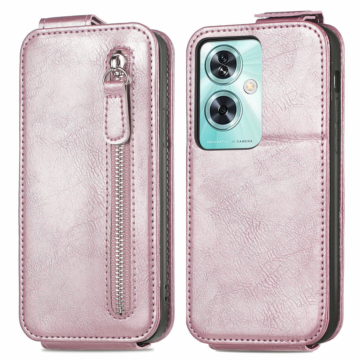 For OnePlus Nord N30 SE 5G Leather Wallet Case Zipper Pocket Phone Cover - Rose Gold