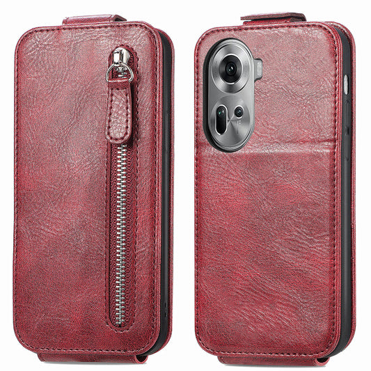 For Oppo Reno11 5G (Global) Cell Phone Case Zipper Pocket Vertical Flip PU Leather Anti-drop Cover - Wine Red