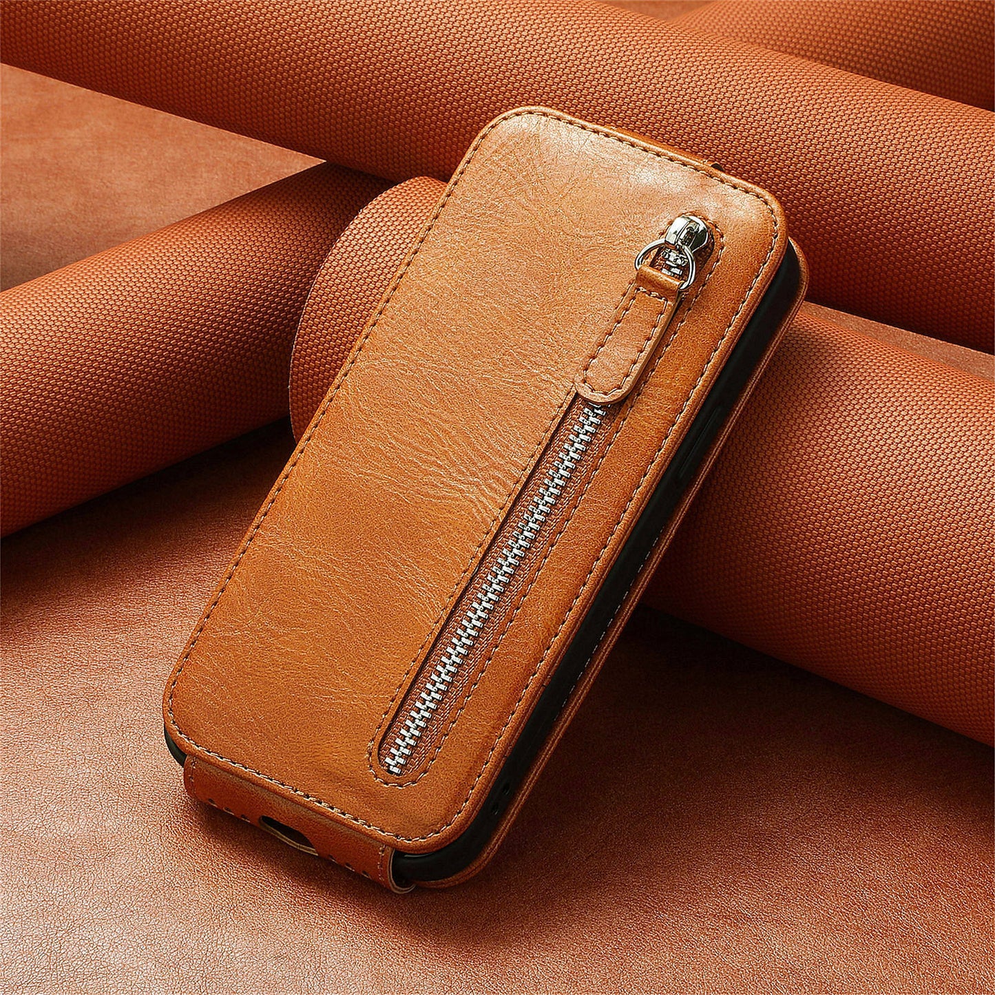 For Oppo Reno11 5G (Global) Cell Phone Case Zipper Pocket Vertical Flip PU Leather Anti-drop Cover - Brown