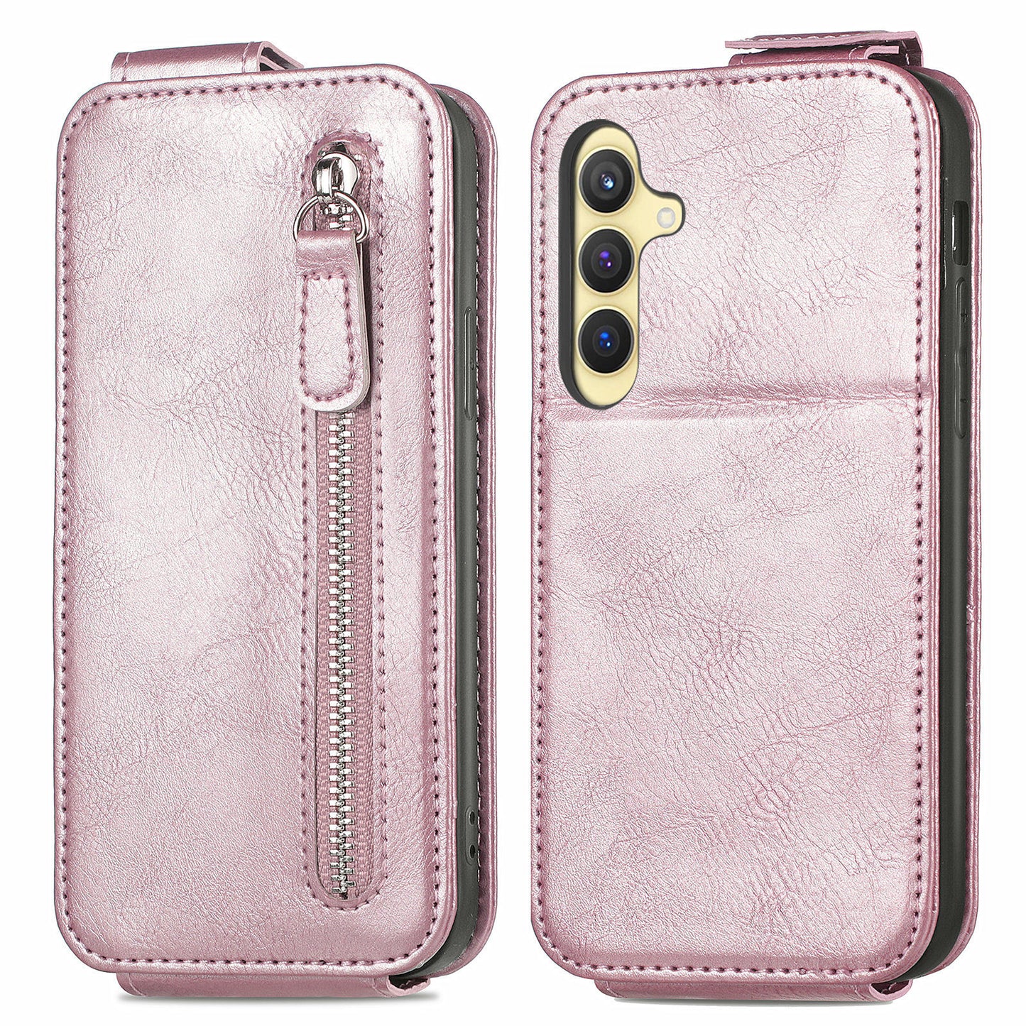 For Samsung Galaxy S24+ Case Zipper Wallet PU Leather Stand Phone Cover - Rose Gold