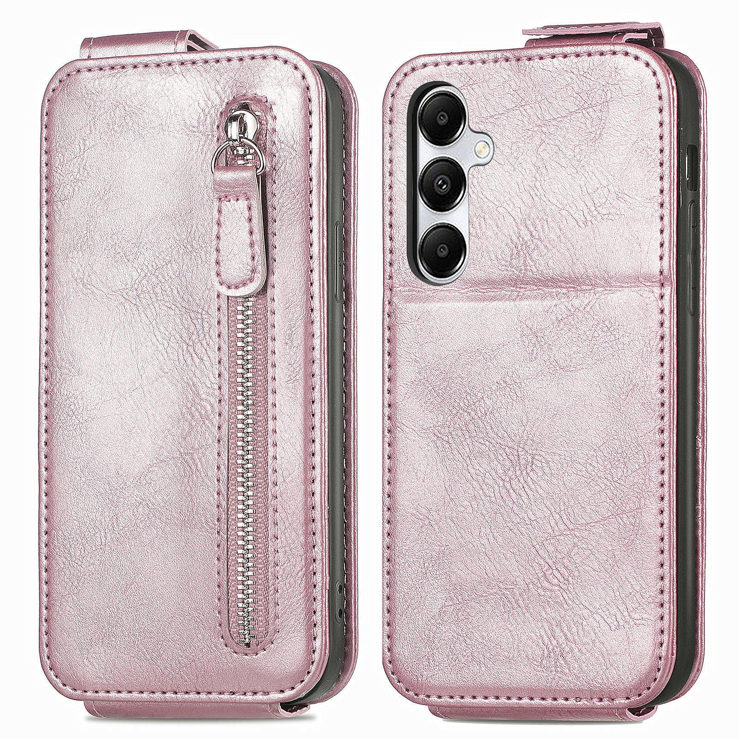 For Samsung Galaxy A15 4G Case Zipper Pocket PU Leather Vertical Flip Wallet Phone Cover - Rose Gold