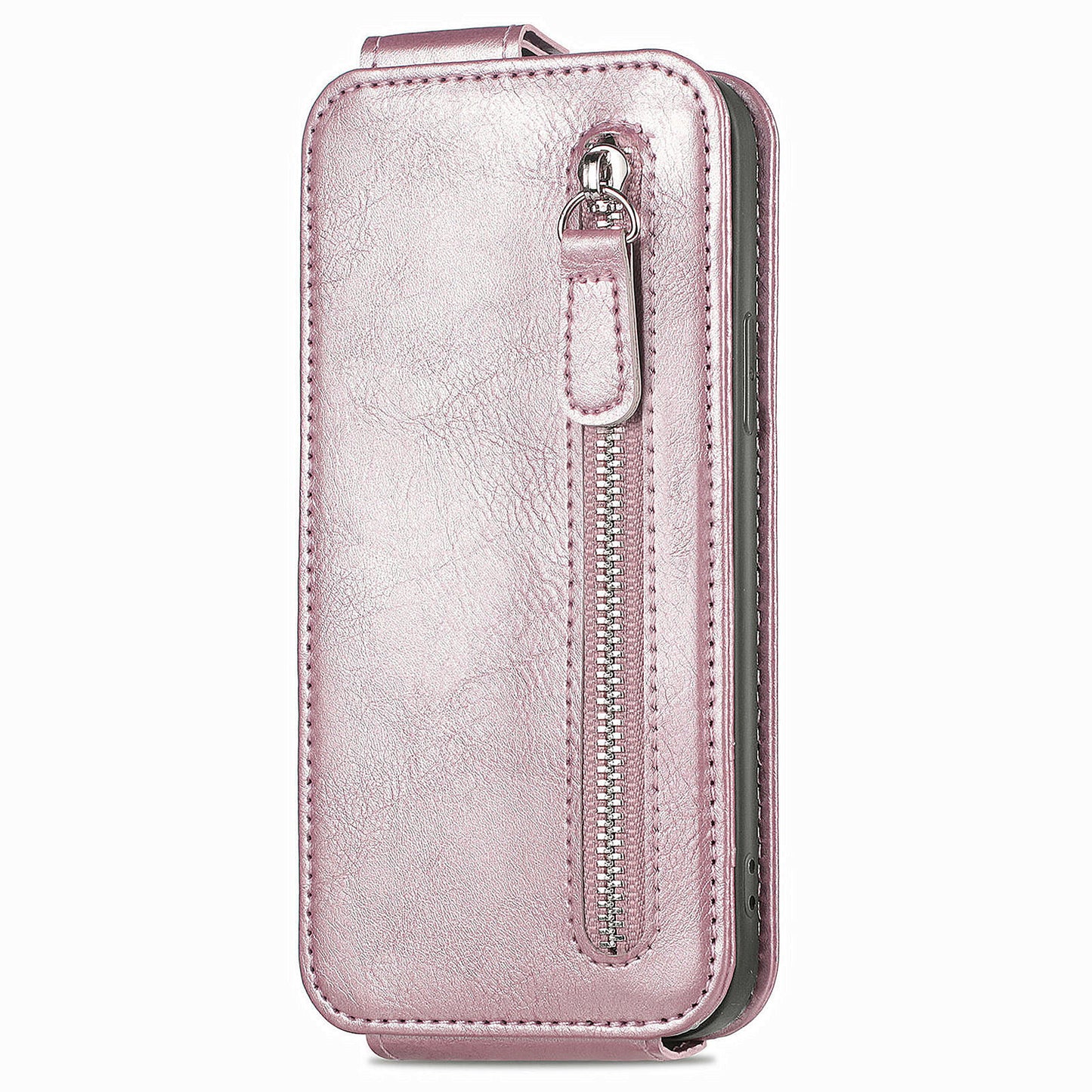 For Samsung Galaxy A15 4G Case Zipper Pocket PU Leather Vertical Flip Wallet Phone Cover - Rose Gold