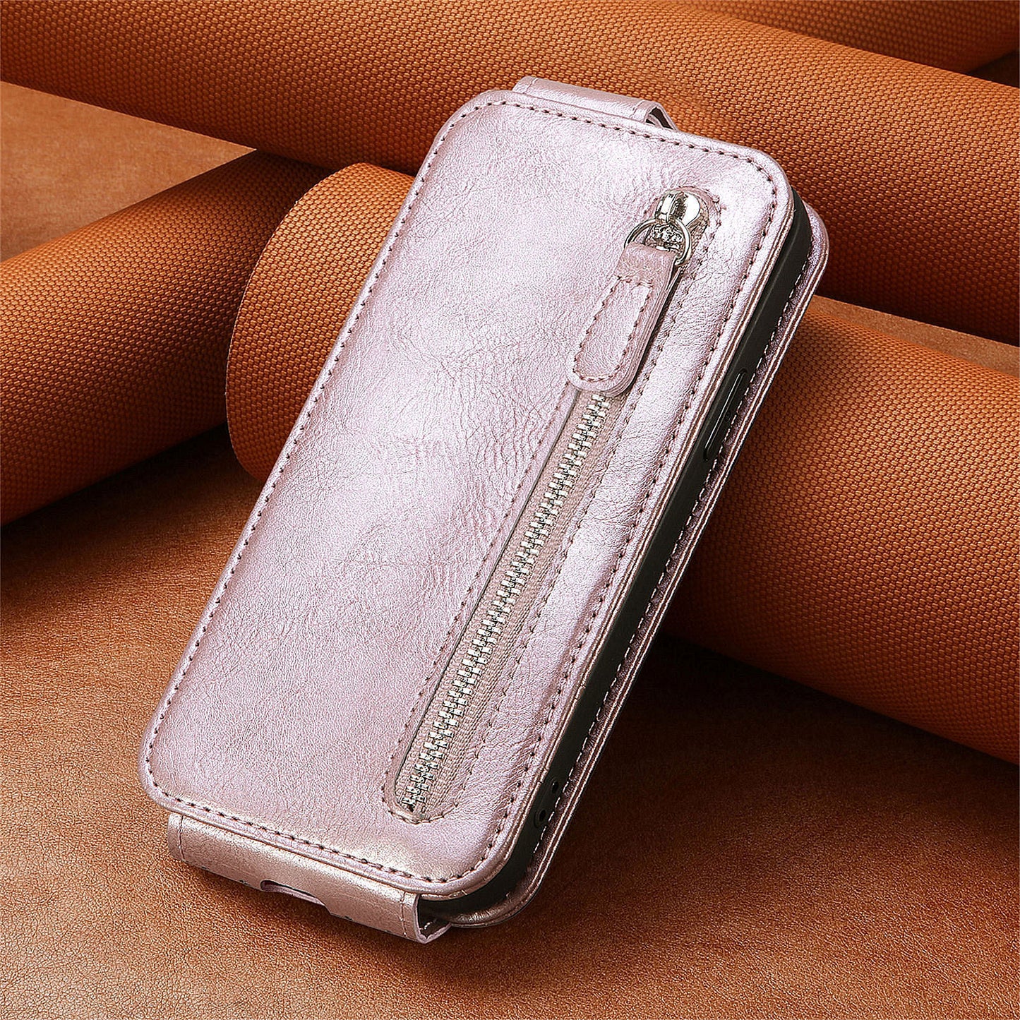 For Samsung Galaxy A15 4G Case Zipper Pocket PU Leather Vertical Flip Wallet Phone Cover - Rose Gold