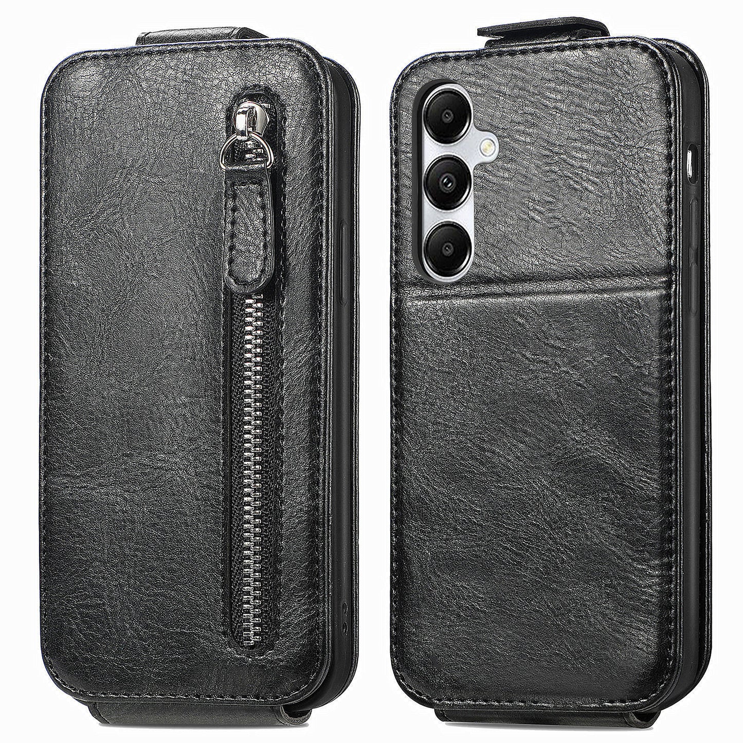 For Samsung Galaxy A15 4G Case Zipper Pocket PU Leather Vertical Flip Wallet Phone Cover - Black
