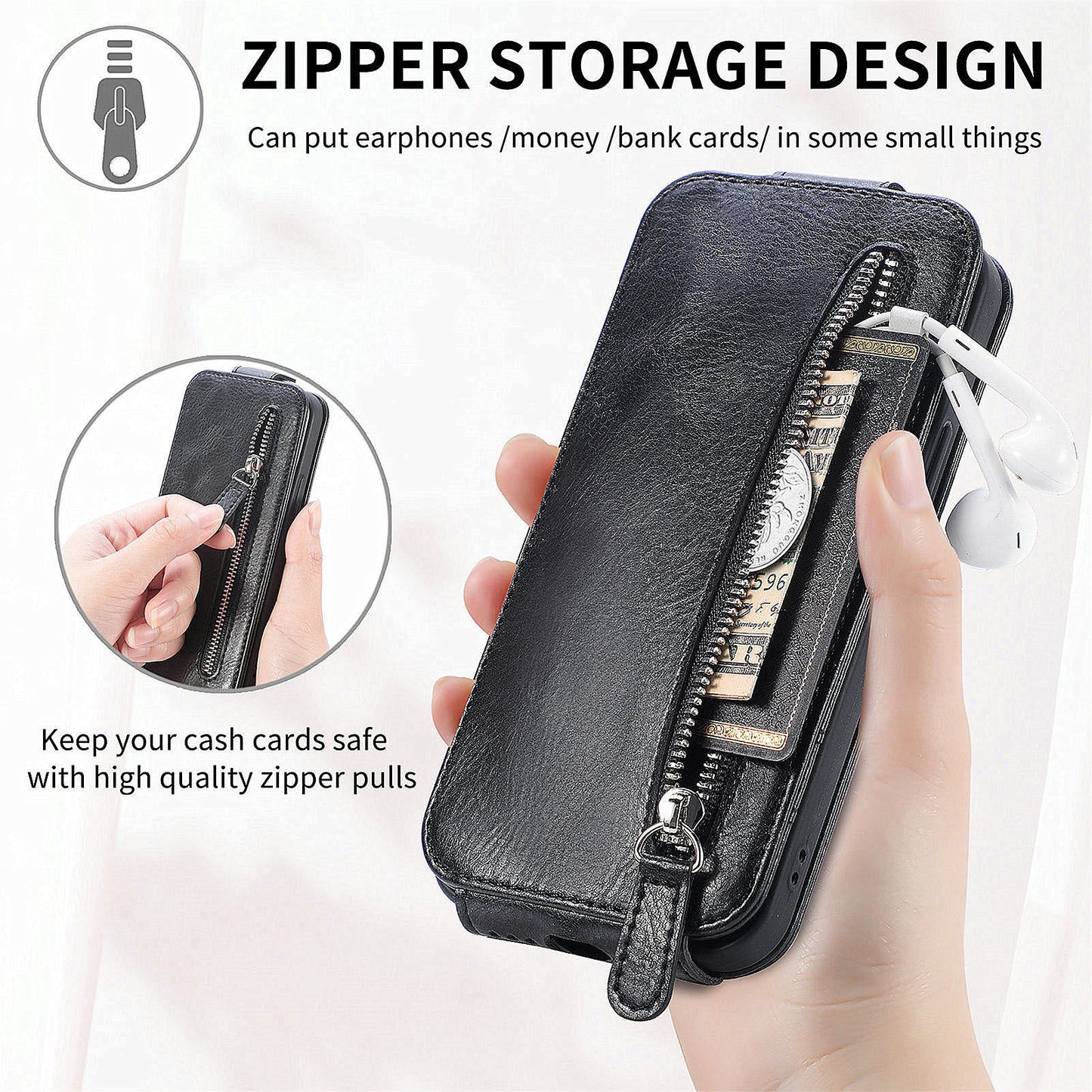 For Samsung Galaxy A15 4G Case Zipper Pocket PU Leather Vertical Flip Wallet Phone Cover - Black