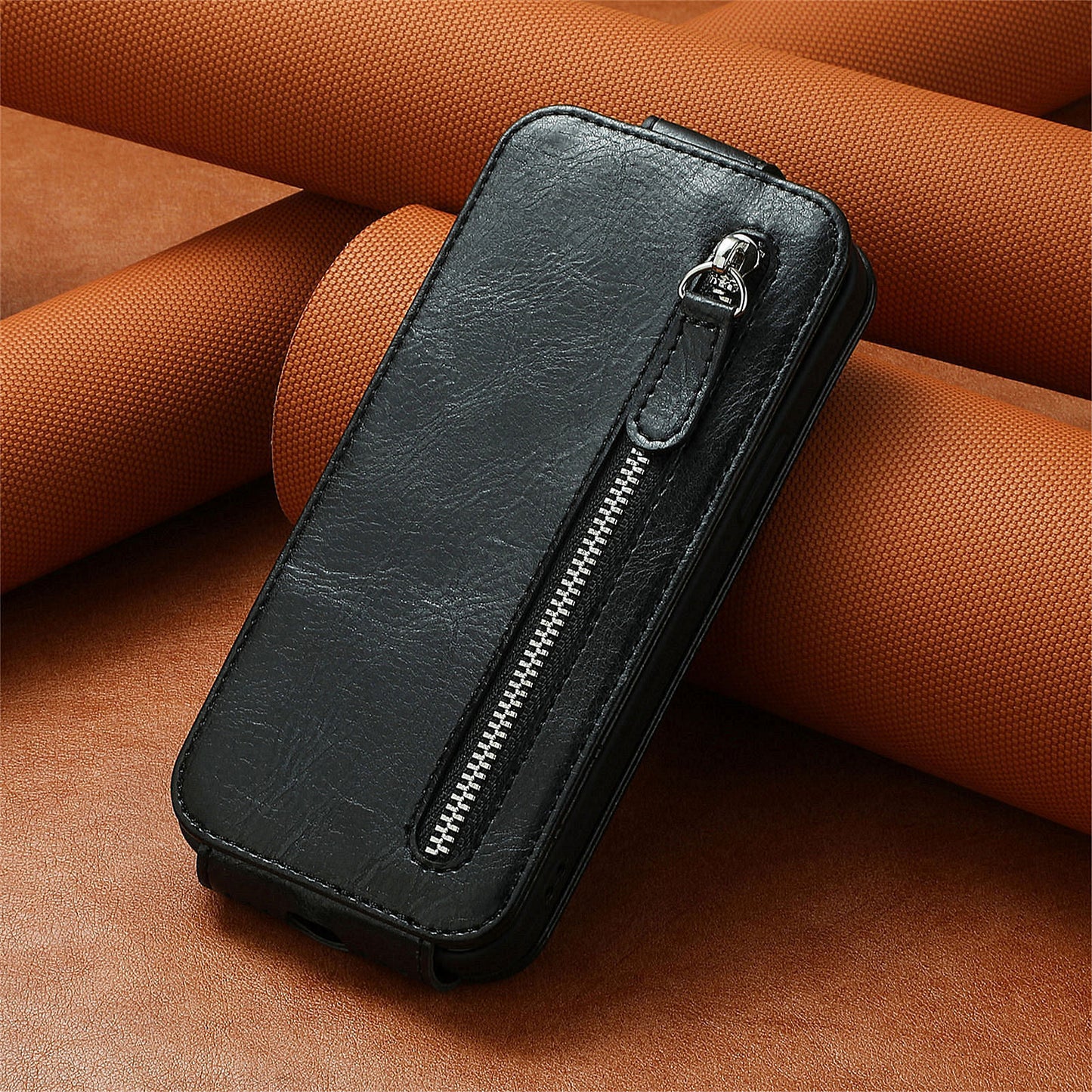For Samsung Galaxy A15 4G Case Zipper Pocket PU Leather Vertical Flip Wallet Phone Cover - Black