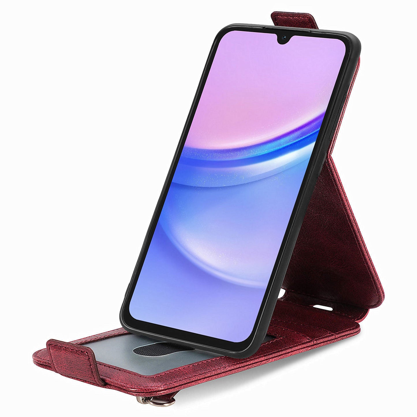 For Samsung Galaxy A15 4G Case Zipper Pocket PU Leather Vertical Flip Wallet Phone Cover - Wine Red