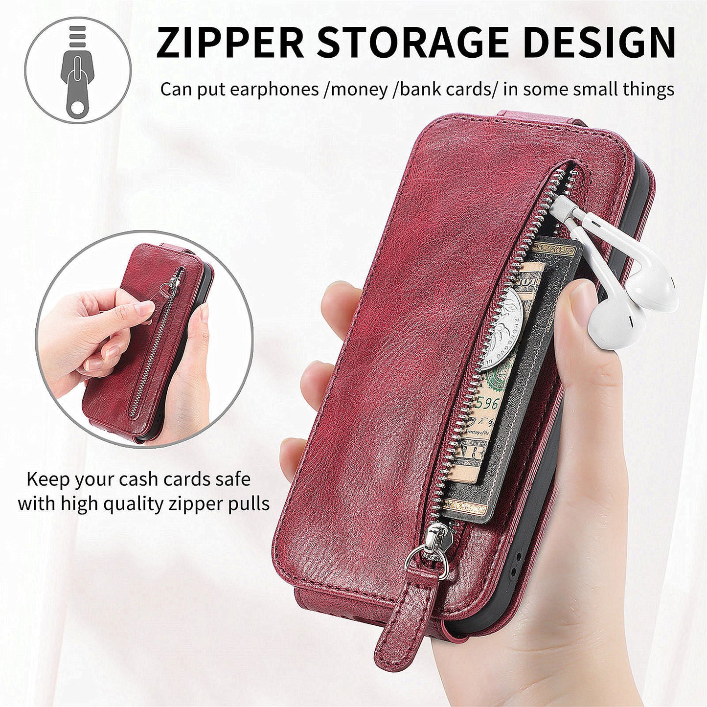 For Samsung Galaxy A15 4G Case Zipper Pocket PU Leather Vertical Flip Wallet Phone Cover - Wine Red