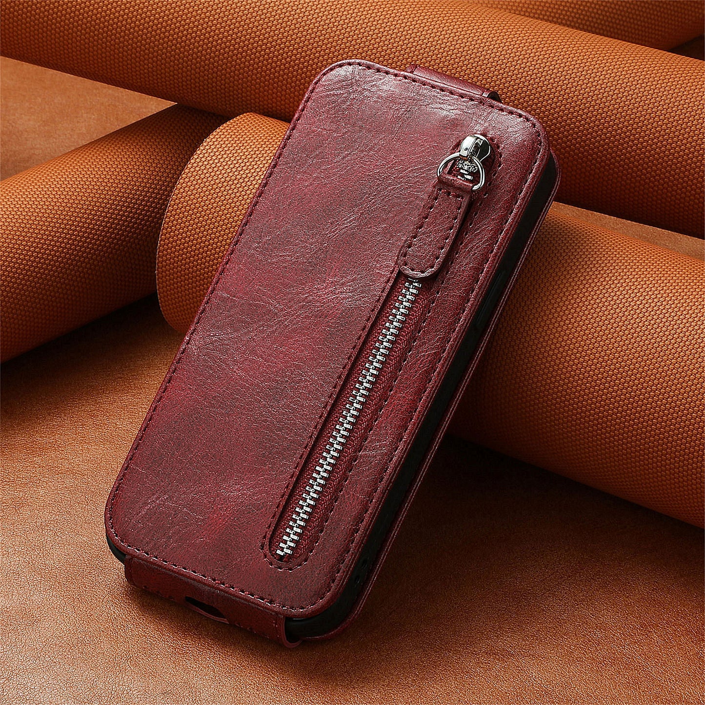 For Samsung Galaxy A15 4G Case Zipper Pocket PU Leather Vertical Flip Wallet Phone Cover - Wine Red